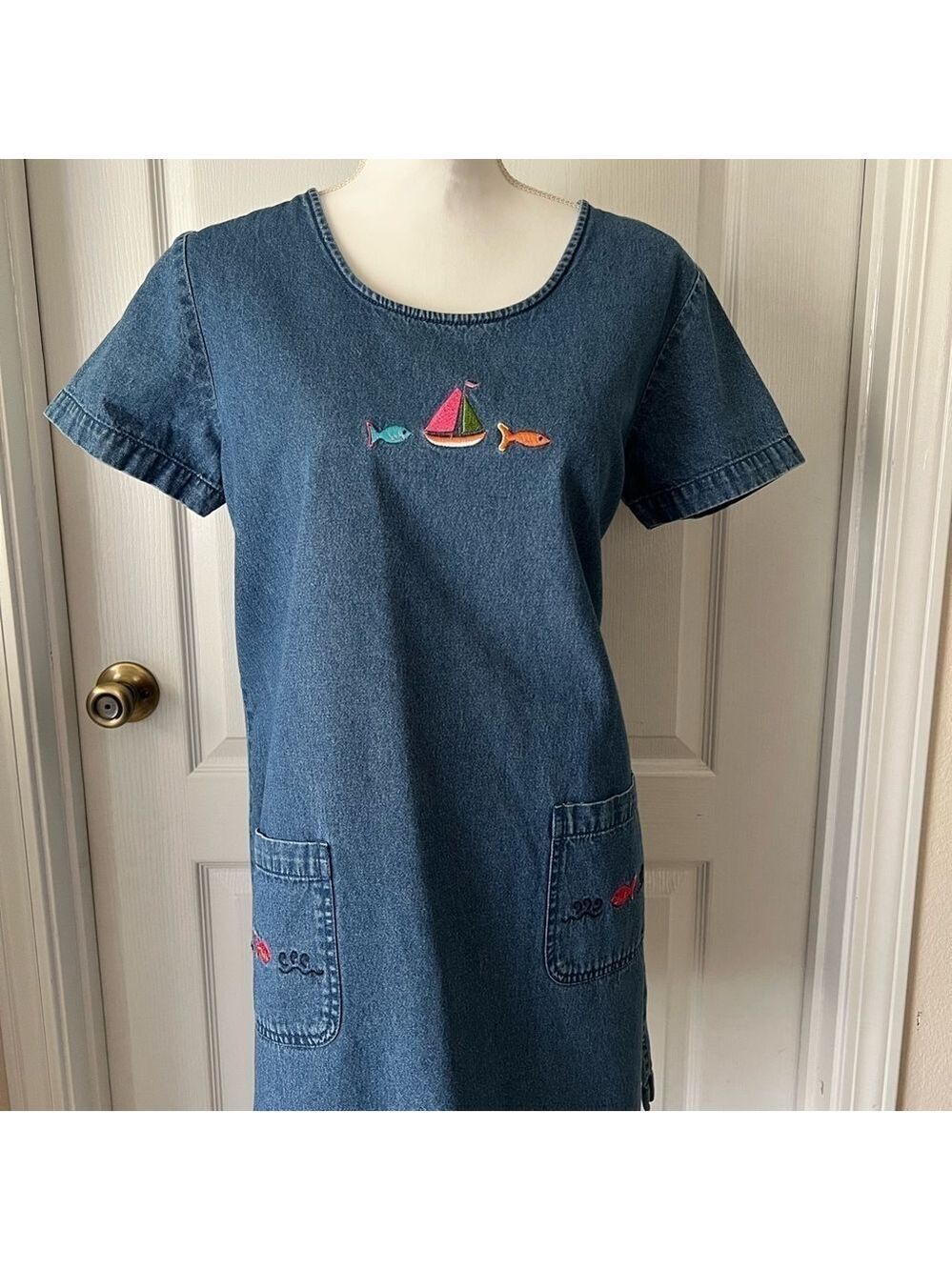 CB Blue Denim Dress Scoop Neck Short Sleeve - Picture 3 of 12